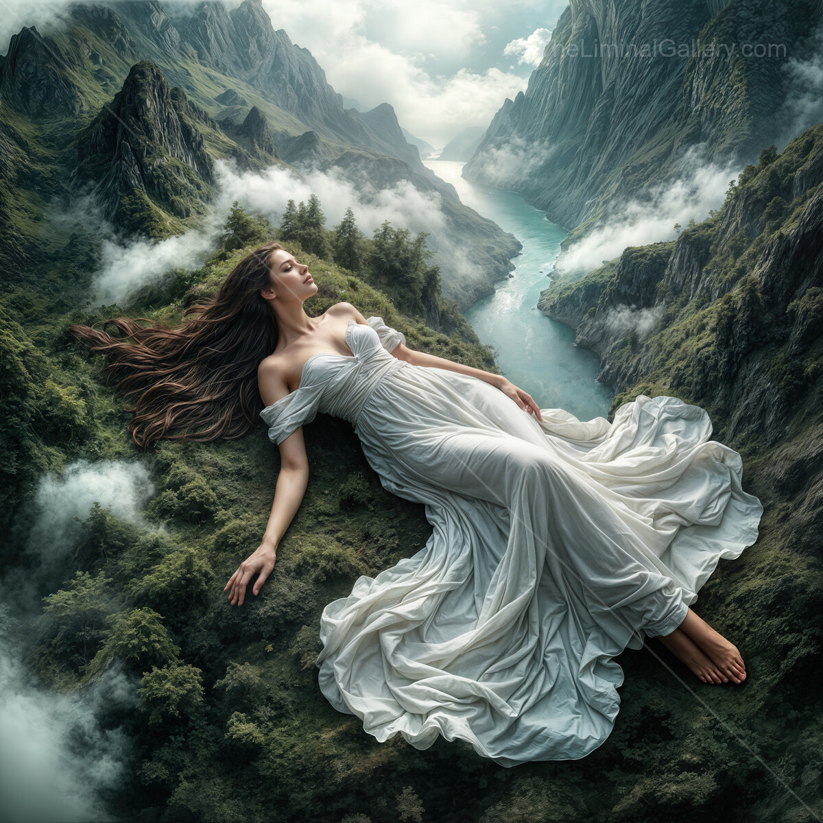 Enchanting woman in flowing dress rests among lush forest mountains under a mystical sky filled with clouds and light at dawn