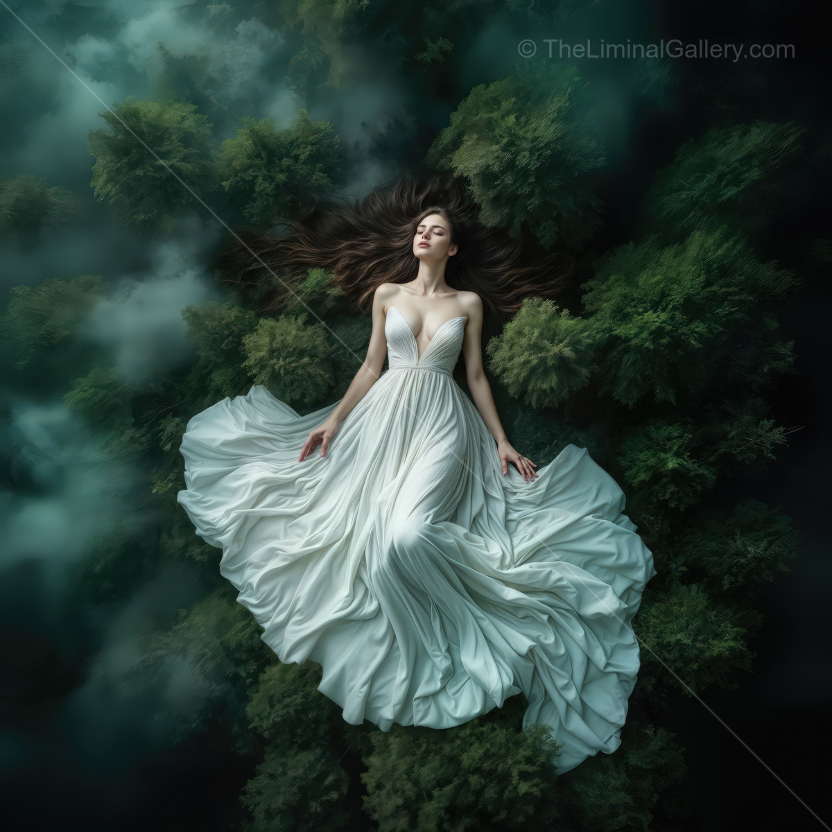 Enchanting woman in flowing dress lies serenely amidst lush green forest under soft ethereal mist