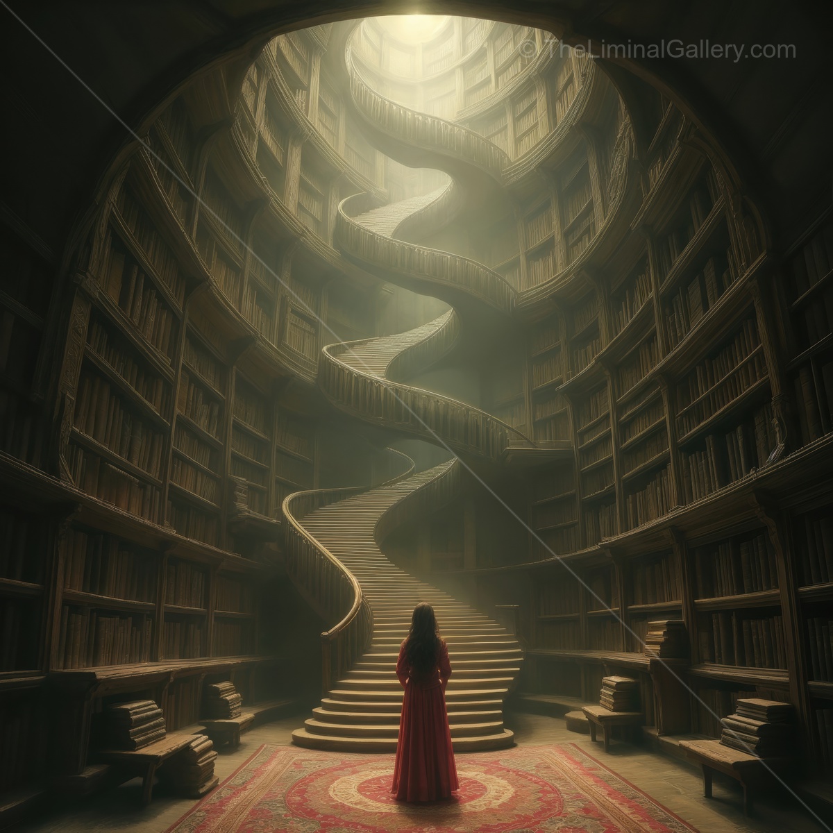 Woman stands at the base of towering shelves and winding stairs in a vast library washed with soft light