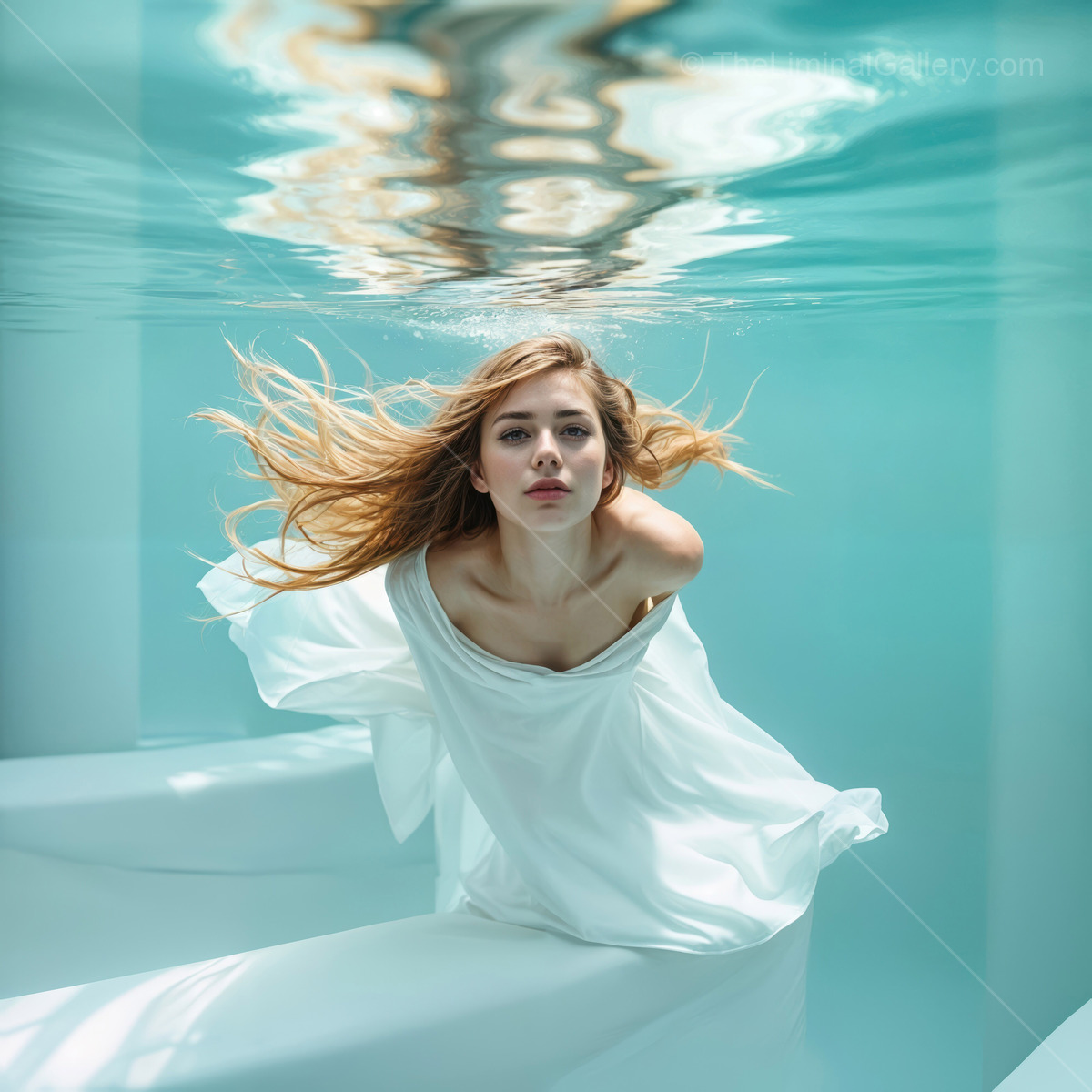 Ethereal underwater moment of woman in a serene aqua landscape with flowing hair