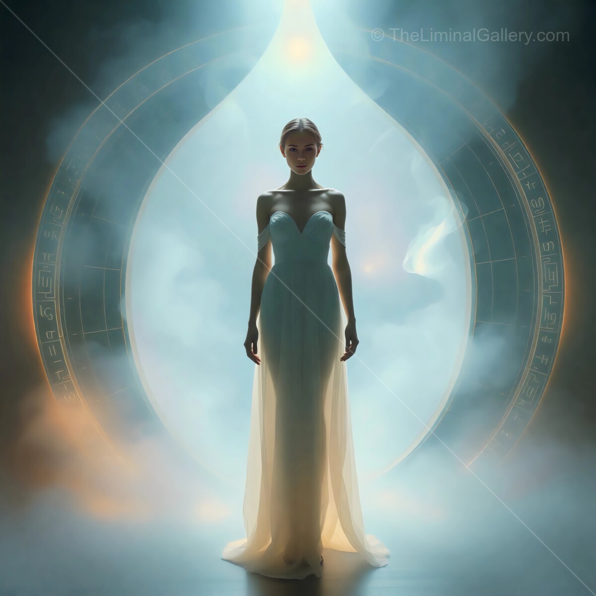 Ethereal woman in a mystical space, illuminated by glowing light and surrounded by soft mist