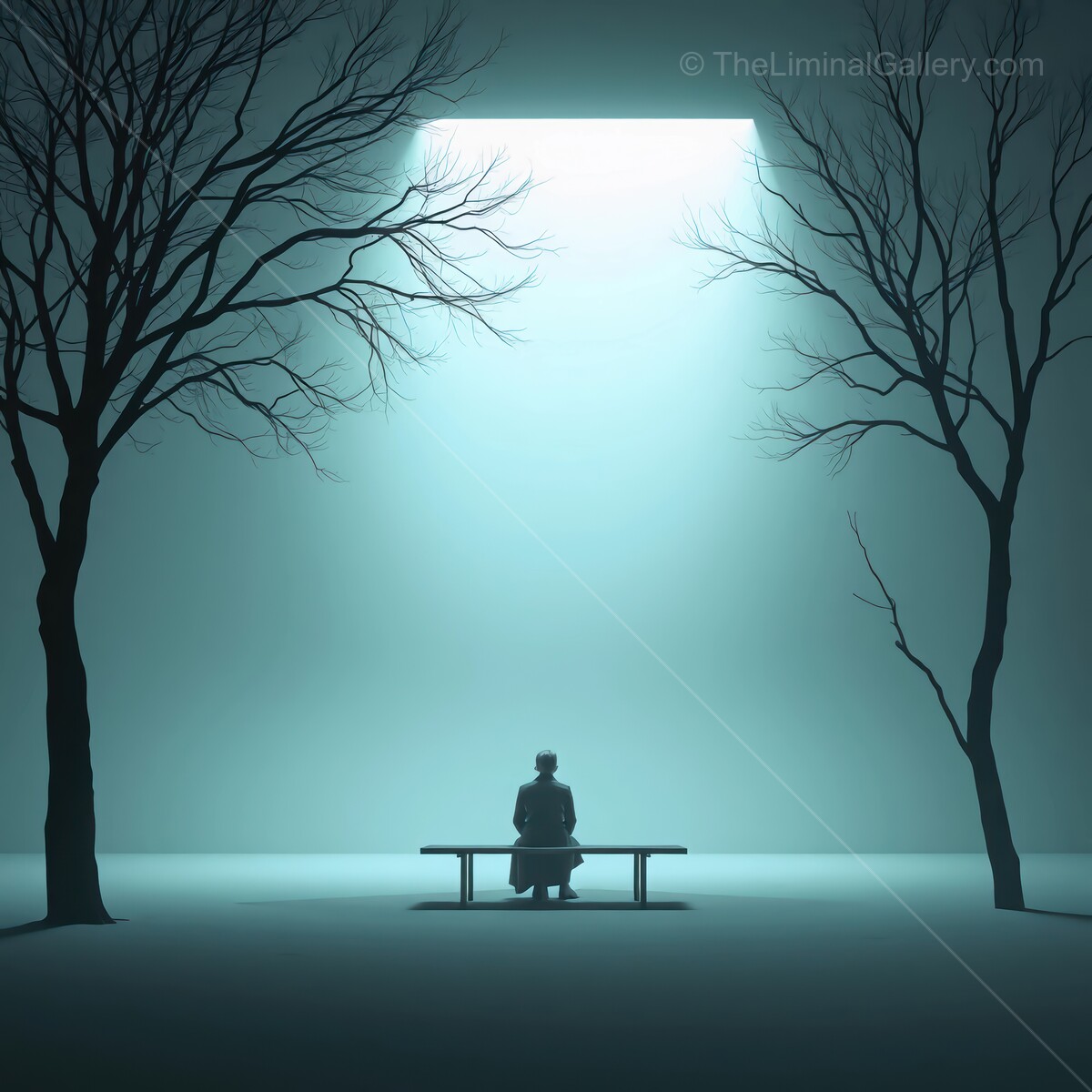 Embracing solitude under an ethereal glow in a quiet forest clearing