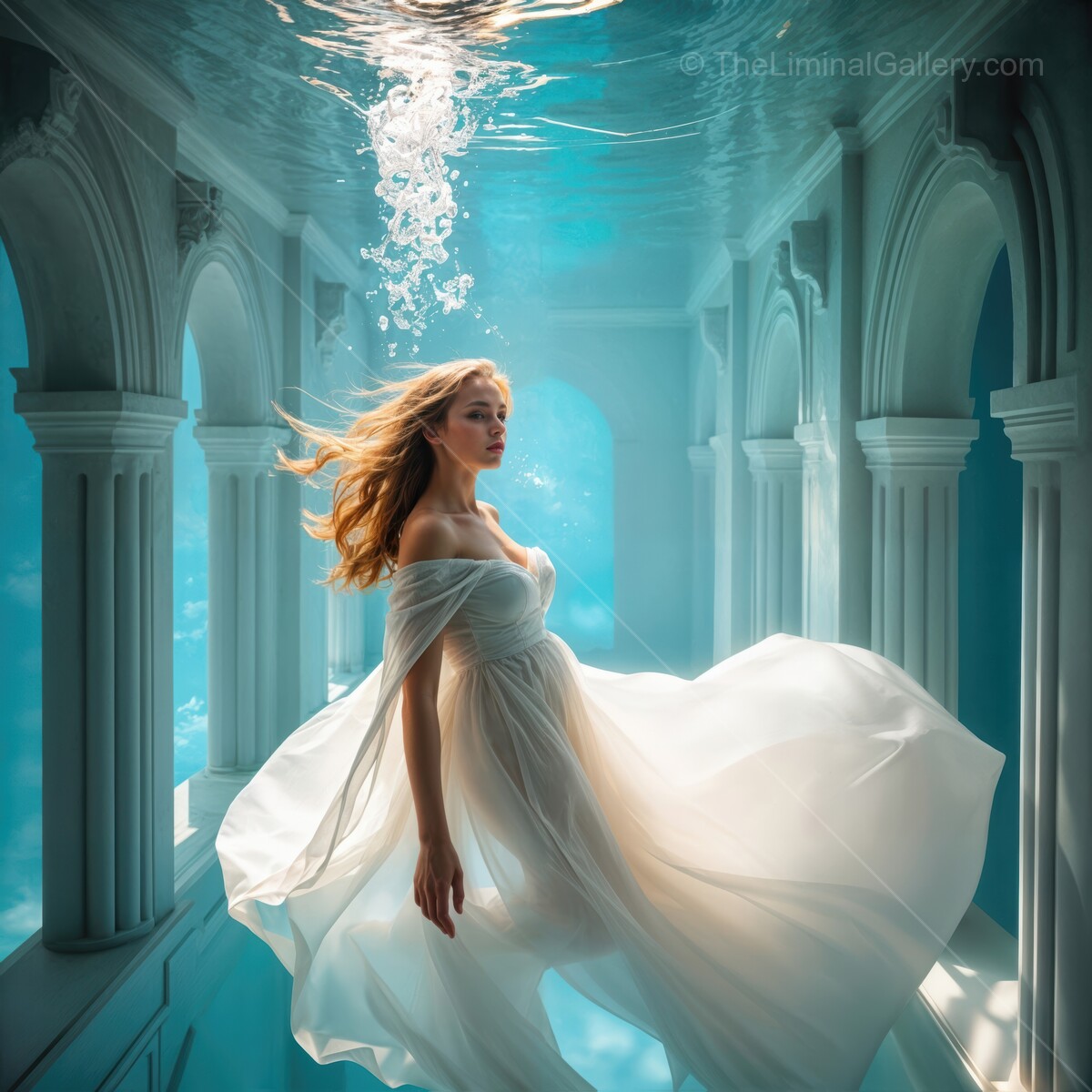 Ethereal underwater dance in a sunlit liminal ancient ruins setting