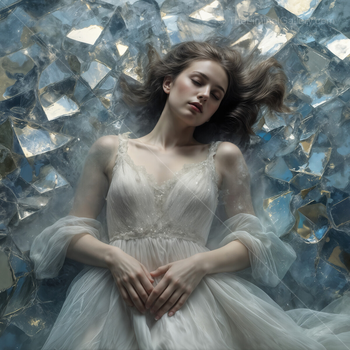 Ethereal woman draped in flowing fabric rests on a bed of shattered glass in a surreal dreamlike landscape