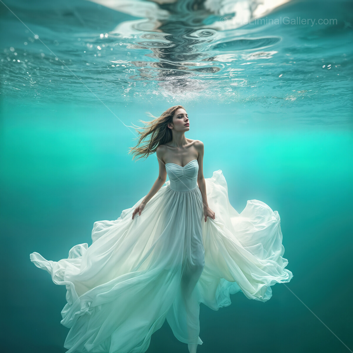 Ethereal woman floats gracefully underwater, enveloped in shimmering turquoise waters and flowing fabric, capturing a dreamlike moment of surreal beauty