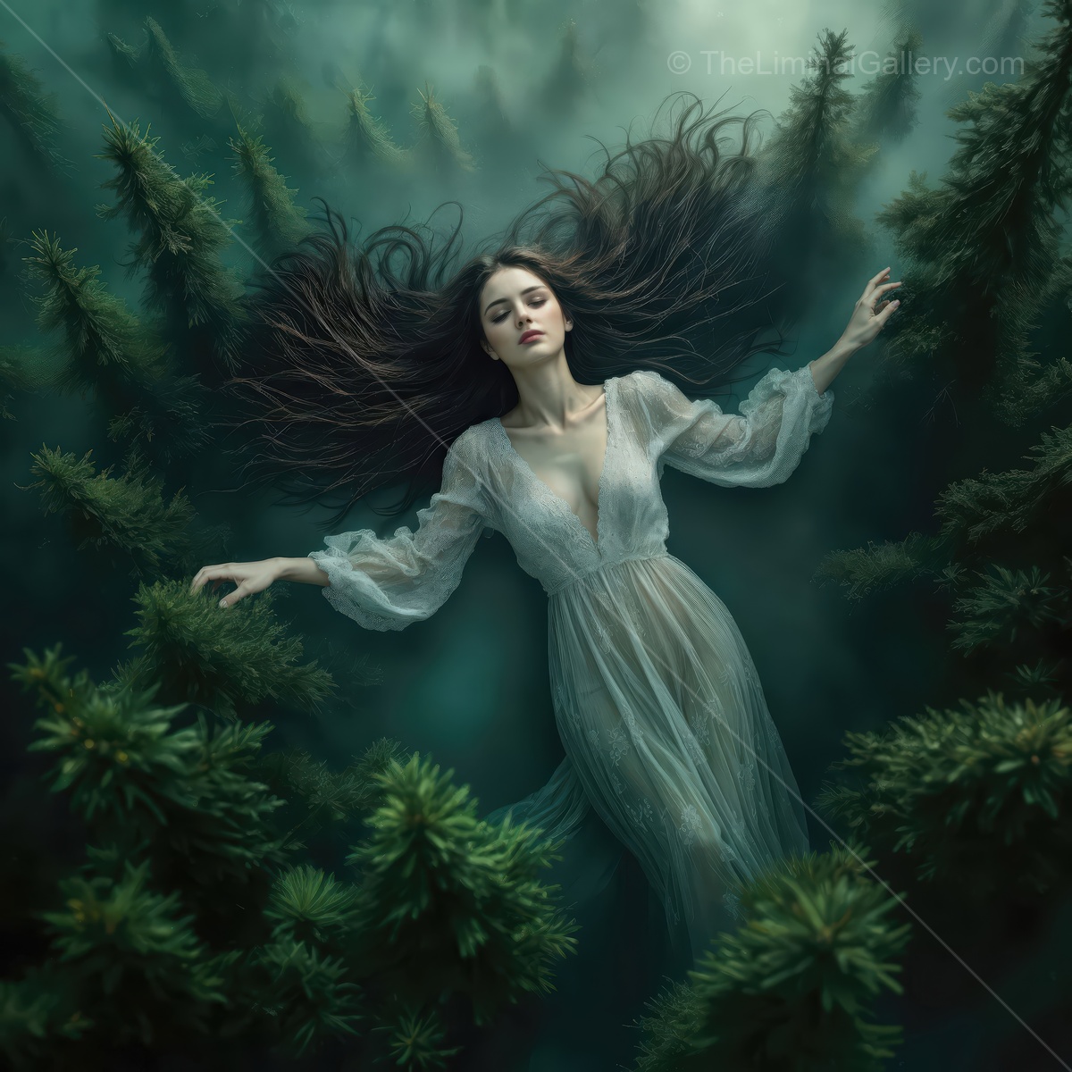 Woman floats among tall evergreens in twilight mist, sheer gown and loose hair catching stray beams