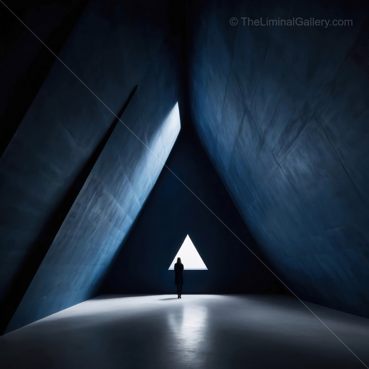 Exploring an enigmatic liminal blue space with triangular light illuminating a figure at dusk