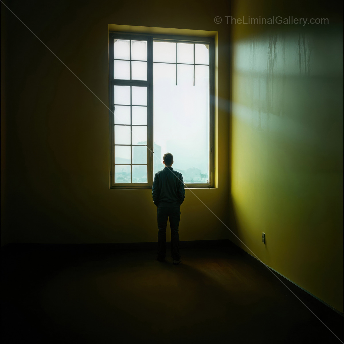 Exploring liminal solitude in a dimly lit yellow room with a large window