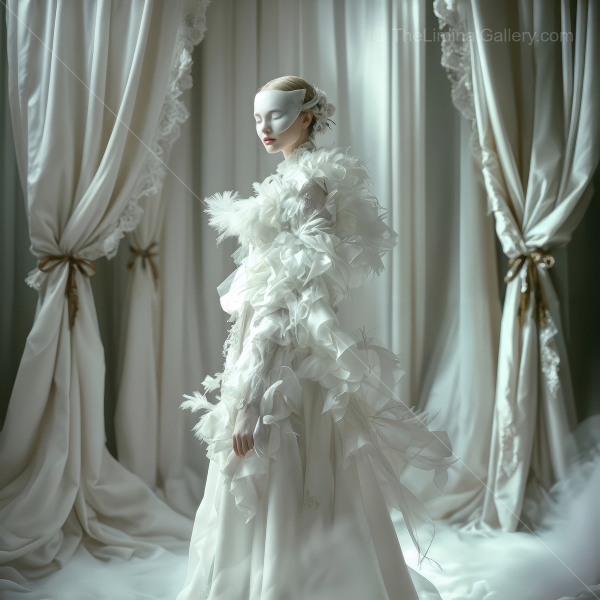 Woman in a feathered white gown stands amid heavy white drapery, mask veiling her eyes as quiet light wraps the scene