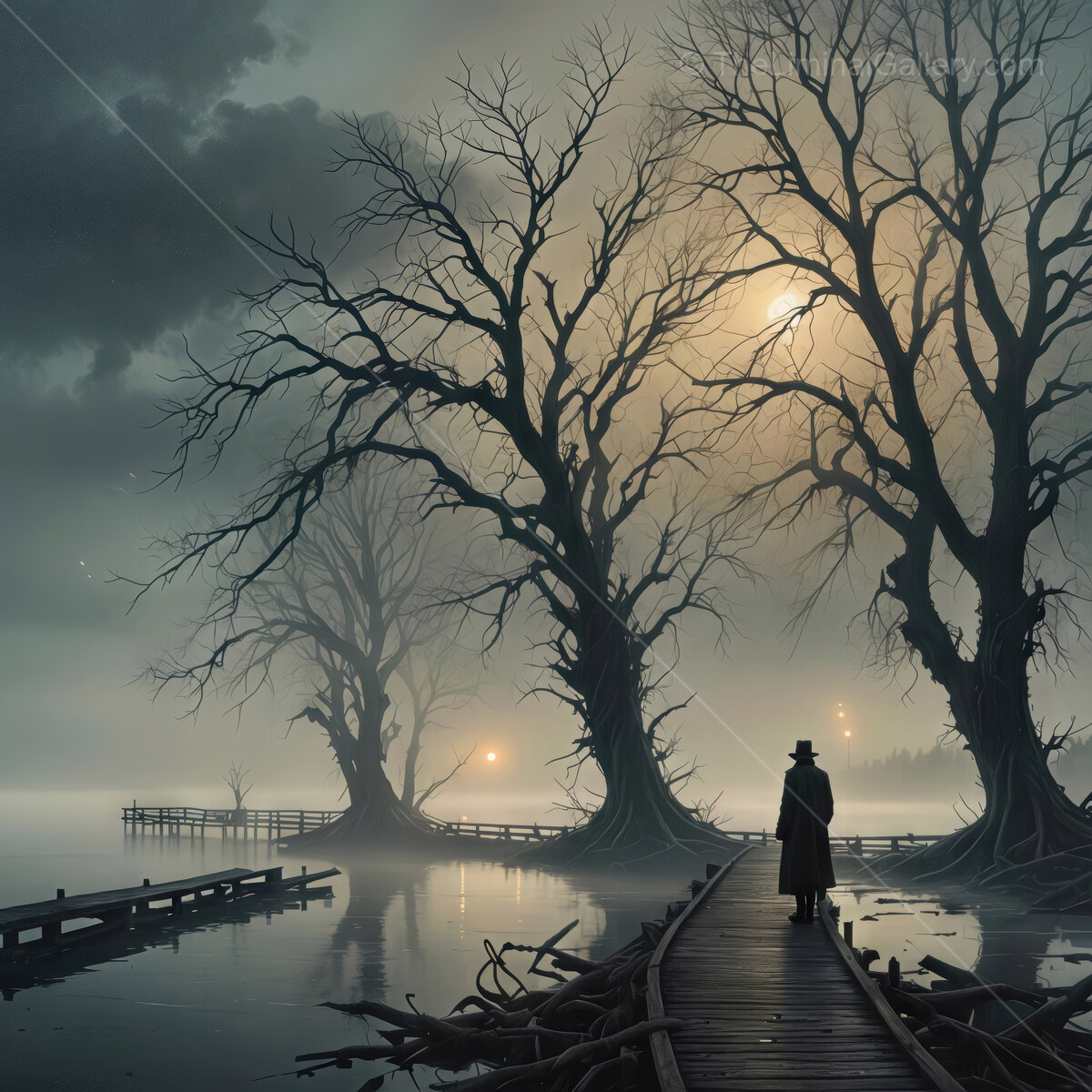 Mysterious man walks along a fog-covered boardwalk surrounded by ancient trees at twilight
