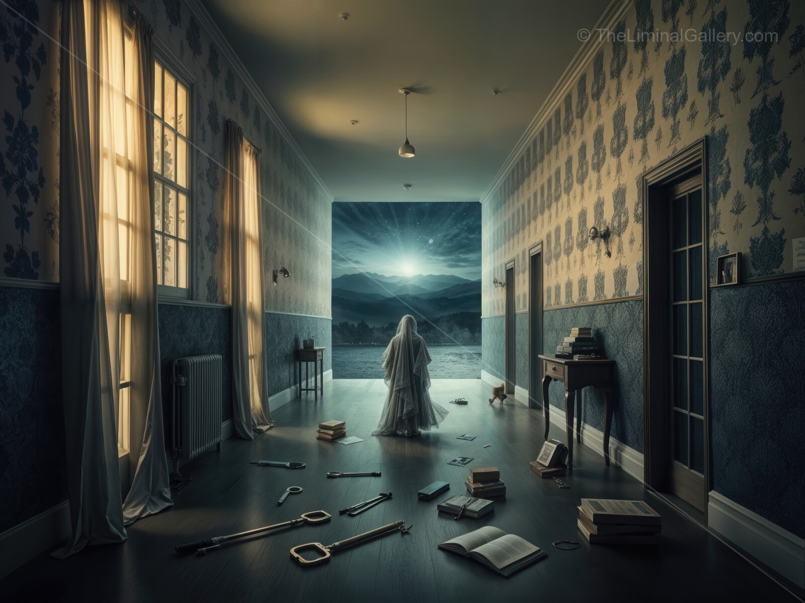 Mysterious figure contemplates the unknown while surrounded by scattered objects in an enchanting space