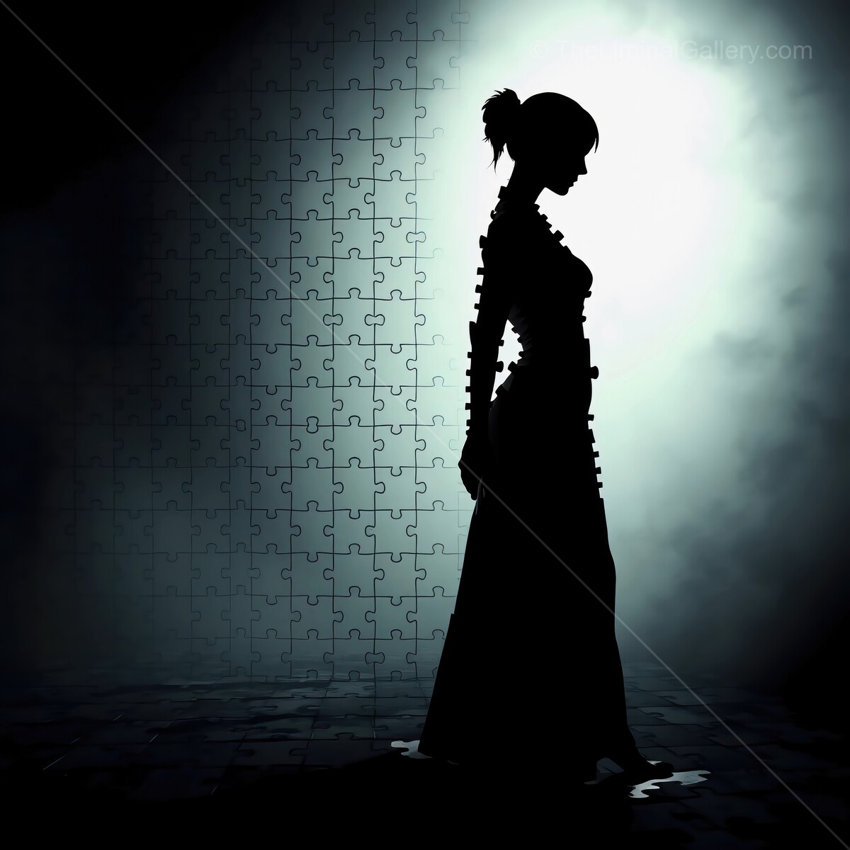 Mystical puzzle woman shrouded in mist stands against a backdrop of fragmented memories