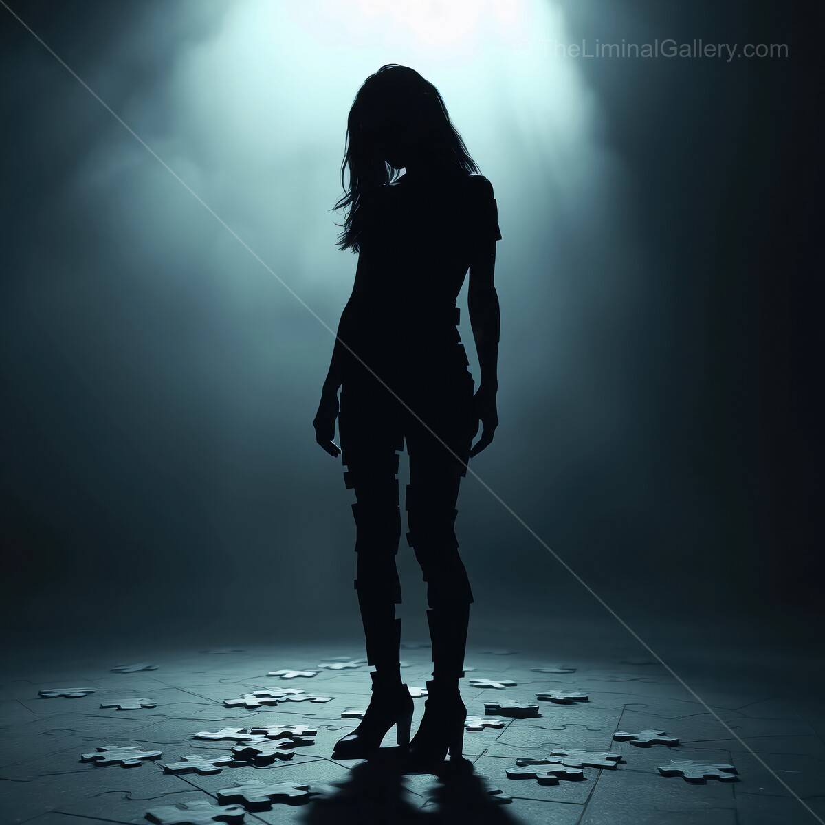 Mysterious woman contemplates life's puzzles in a dimly lit room surrounded by scattered pieces