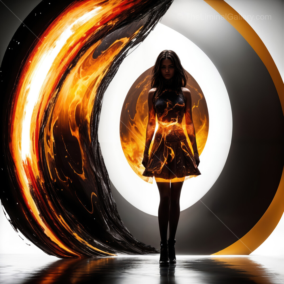 Elegant silhouette surrounded by vibrant flames and mystical patterns in a surreal artistic display