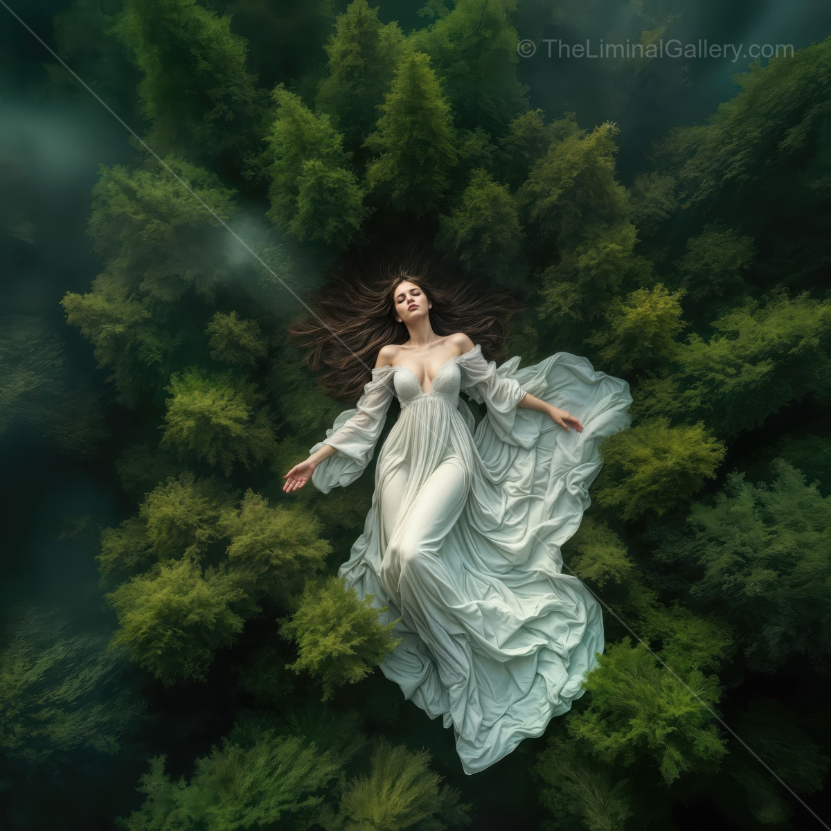 Floating in serenity, a woman in a flowing gown rests peacefully among the lush green trees of the enchanting forest