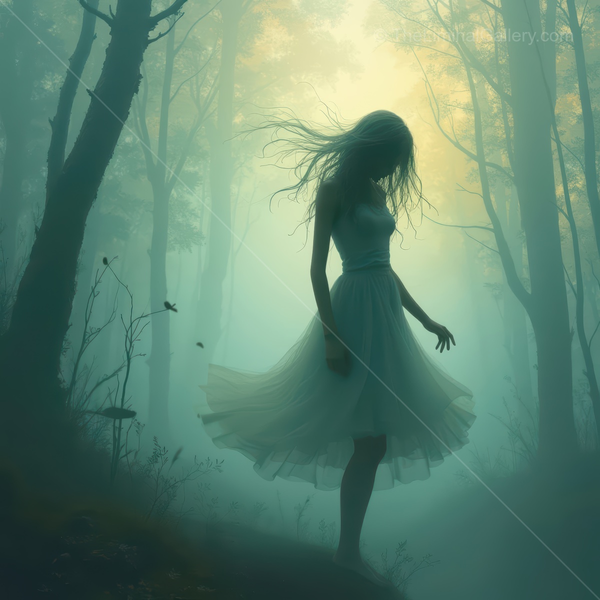 Woman in a white dress stands amid foggy conifers at dawn, soft beams cutting through the trees