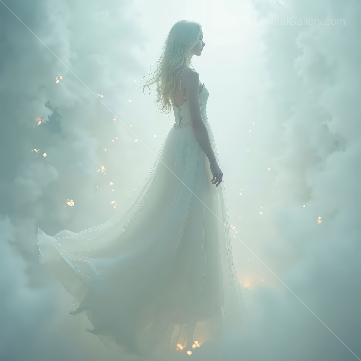 Woman in a flowing dress emerges through dense fog, fine sparks and soft side light tracing the fabric