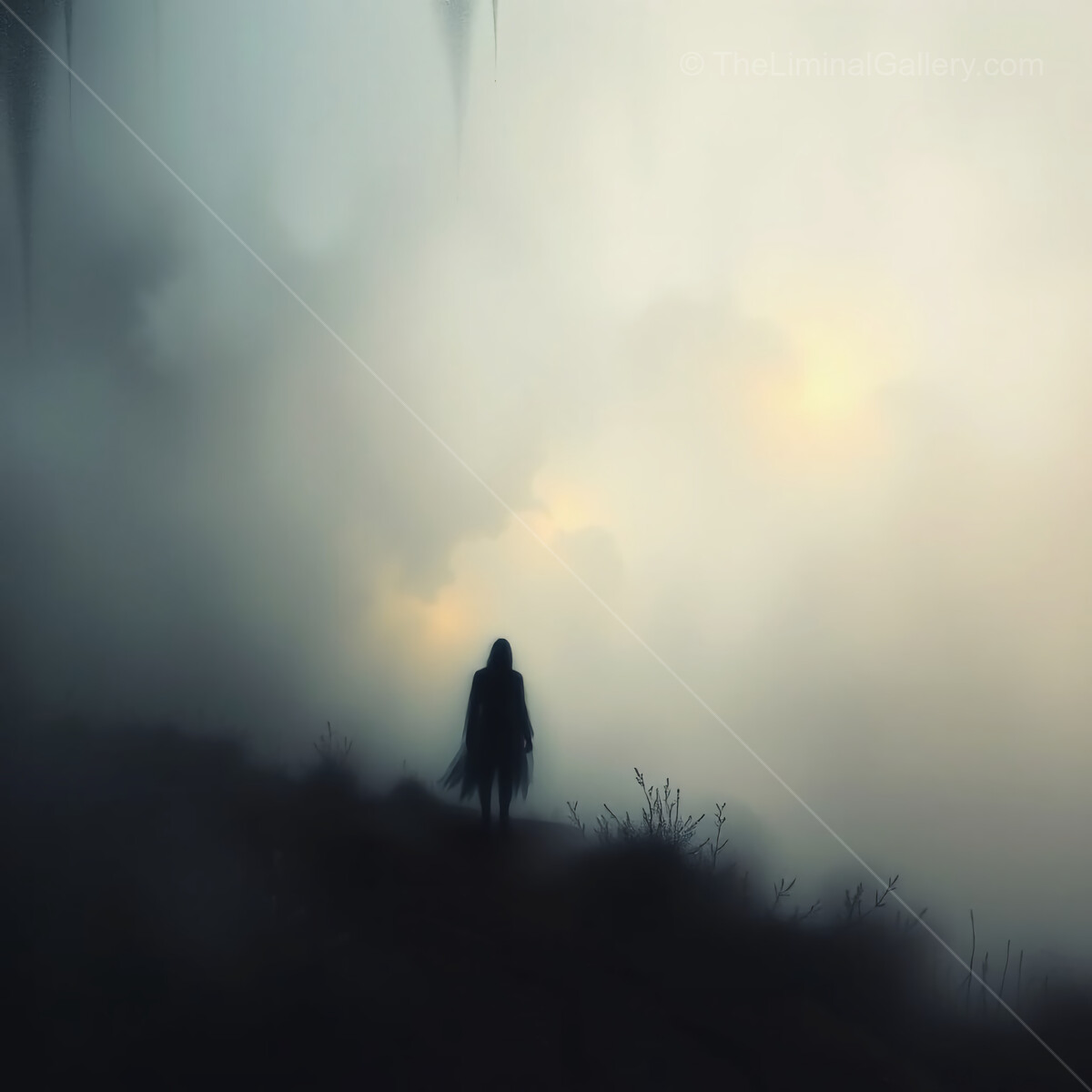 Mysterious figure walking through fog in twilight setting on a mountain trail