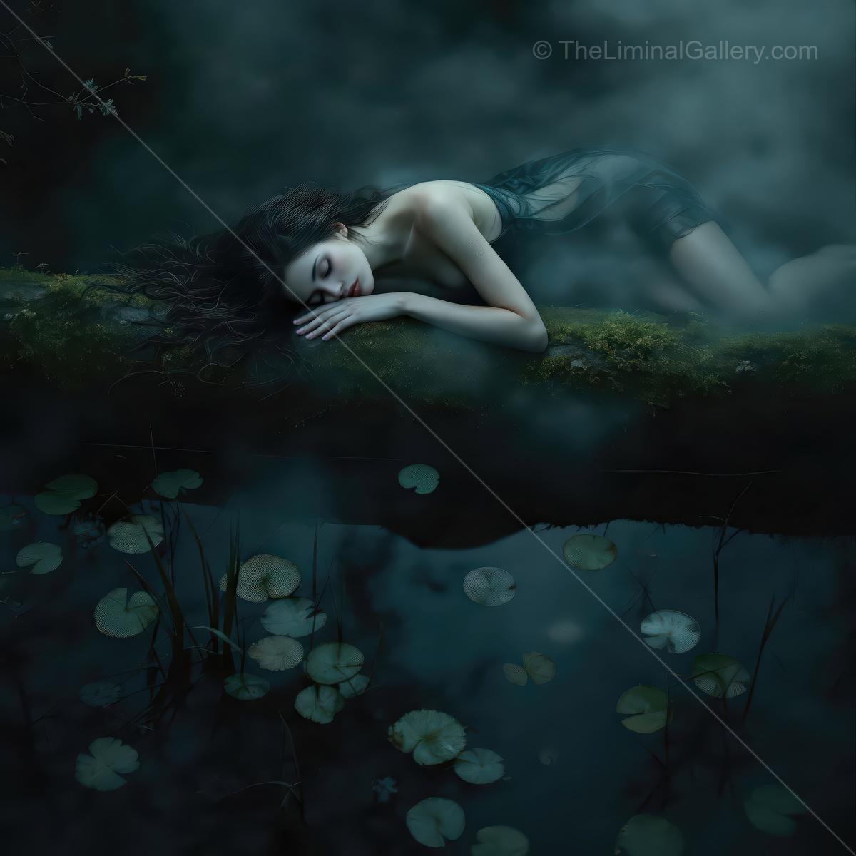 Woman reclines on a mossed log by a fogged pond with lily pads while dim reflections and low light frame her dark hair