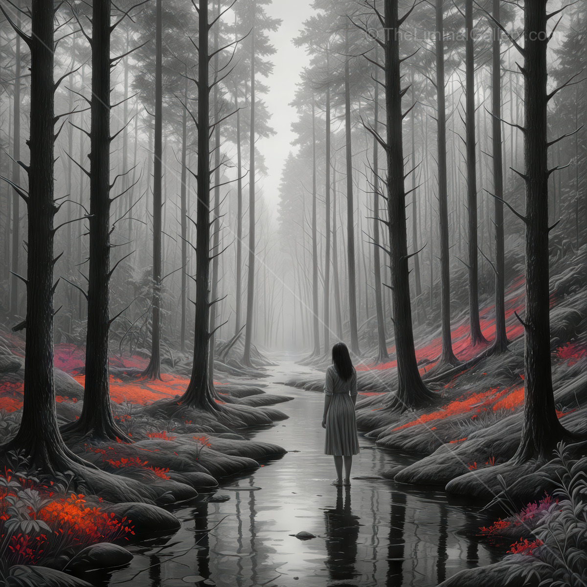 Woman stands in a shallow stream amid fog and dark trunks, bright flowers punctuating the banks