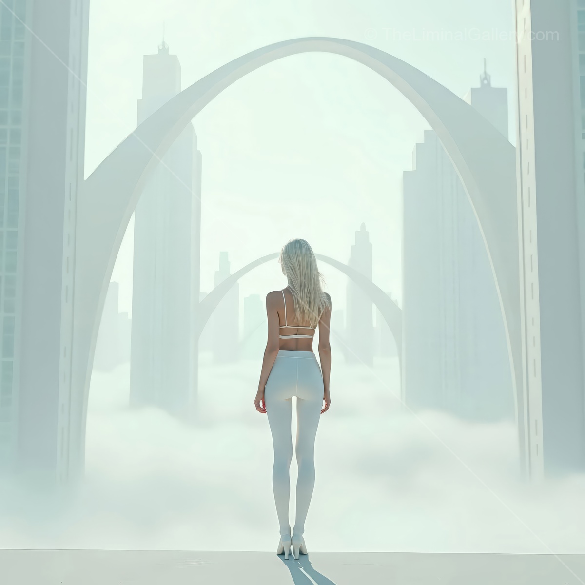 Woman stands at the edge of a fog-filled urban expanse, arched structures lifting from the haze