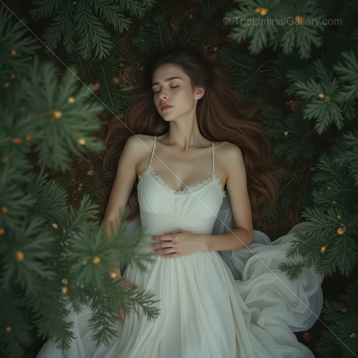 Woman lies among green understory as filtered light cools the scene, white dress bright against foliage