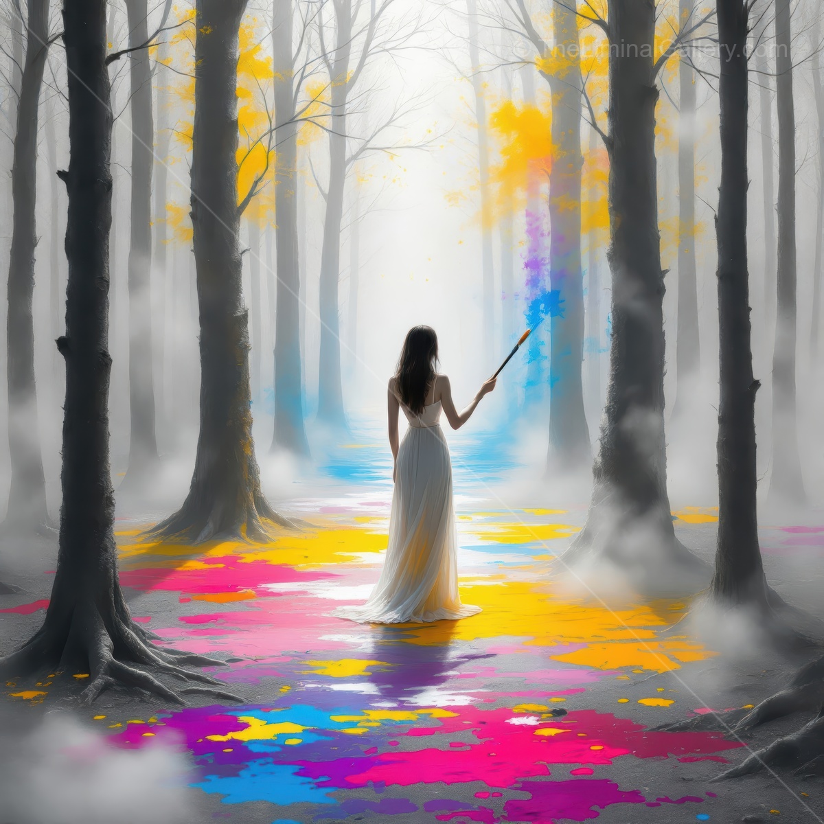 Journey through a magical forest where colors burst to life and a figure wields a mystical wand