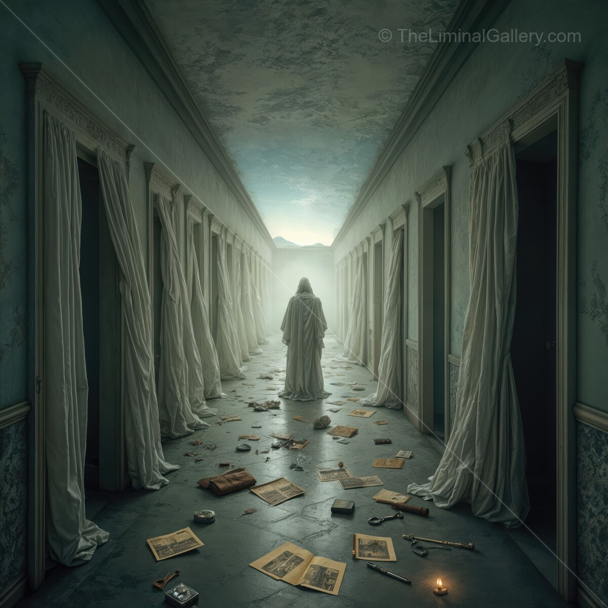 Mystical figure stands in a dimly lit corridor filled with scattered books and shadows of forgotten memories