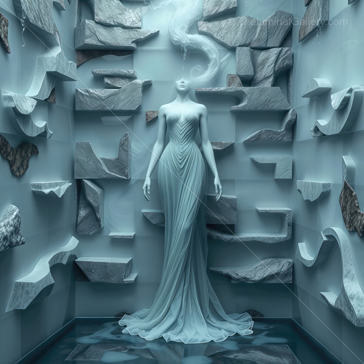 Ethereal mannequin emerges from a surreal stone sanctuary filled with mist and mystery