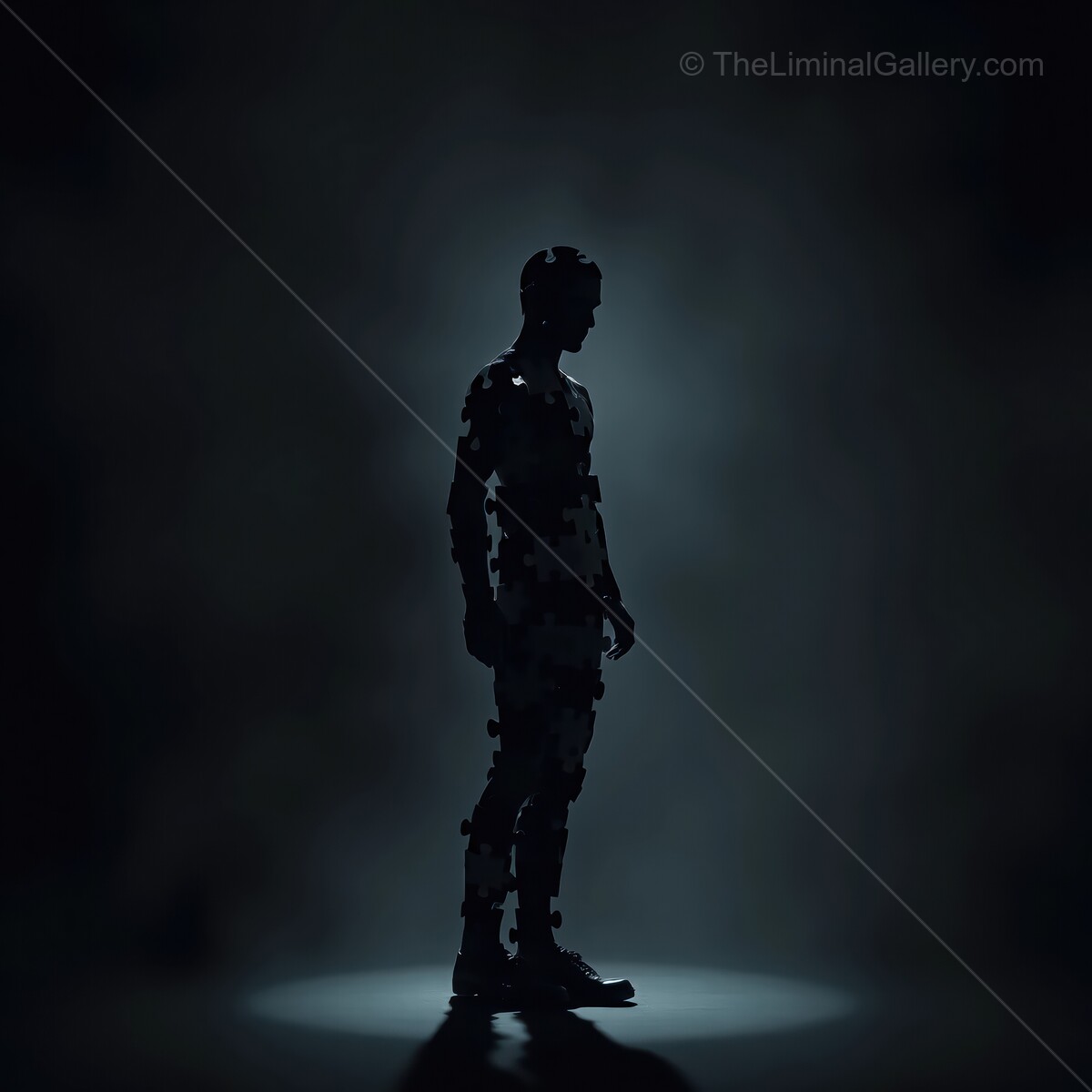 Exploring the essence of identity through a fragmented male in shadowed puzzle illumination