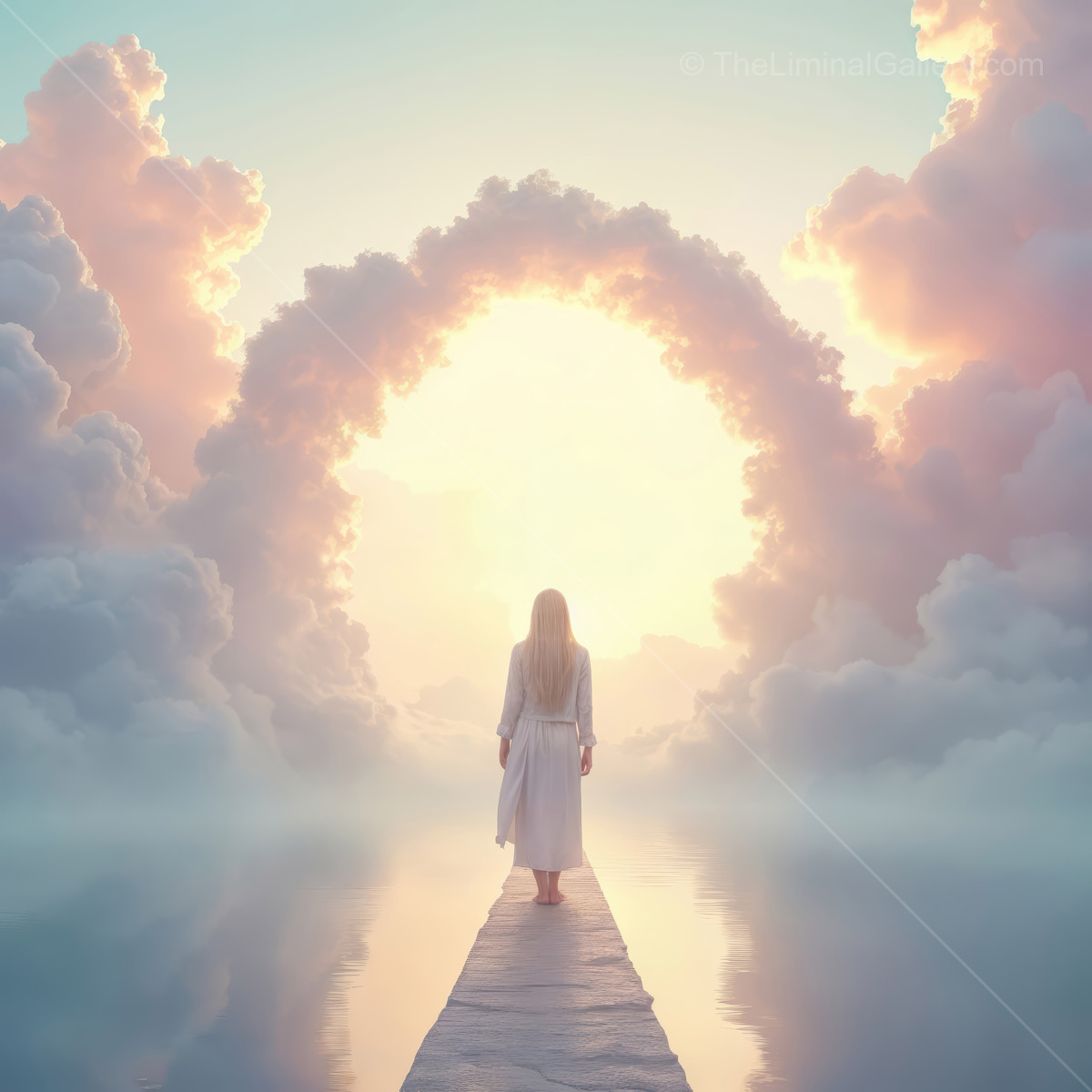 Woman on a narrow path faces a glowing arch of cloud, dress lit warm as water mirrors the rosy light