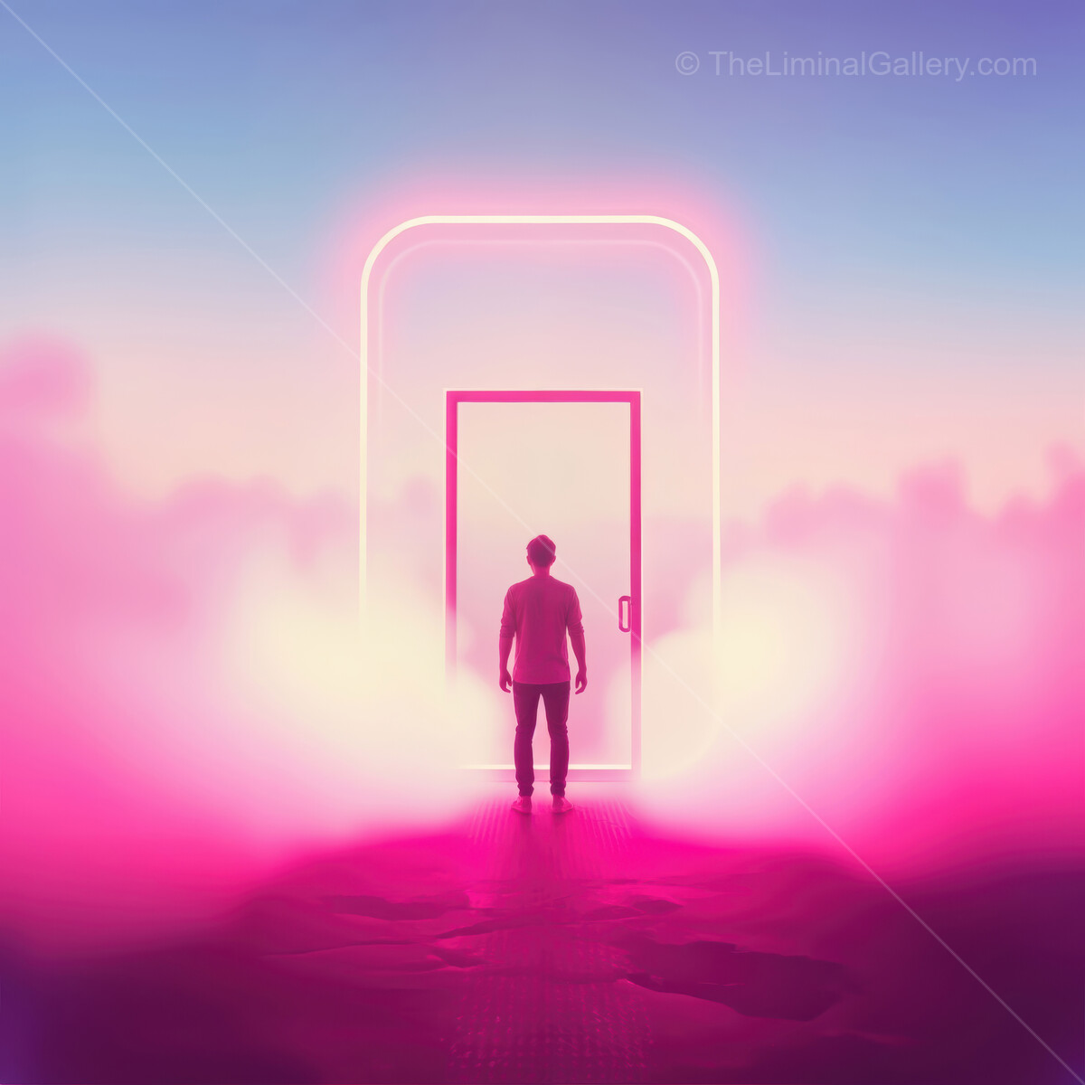 Enter a world of dreams through a glowing door at dawn's embrace in a surreal landscape