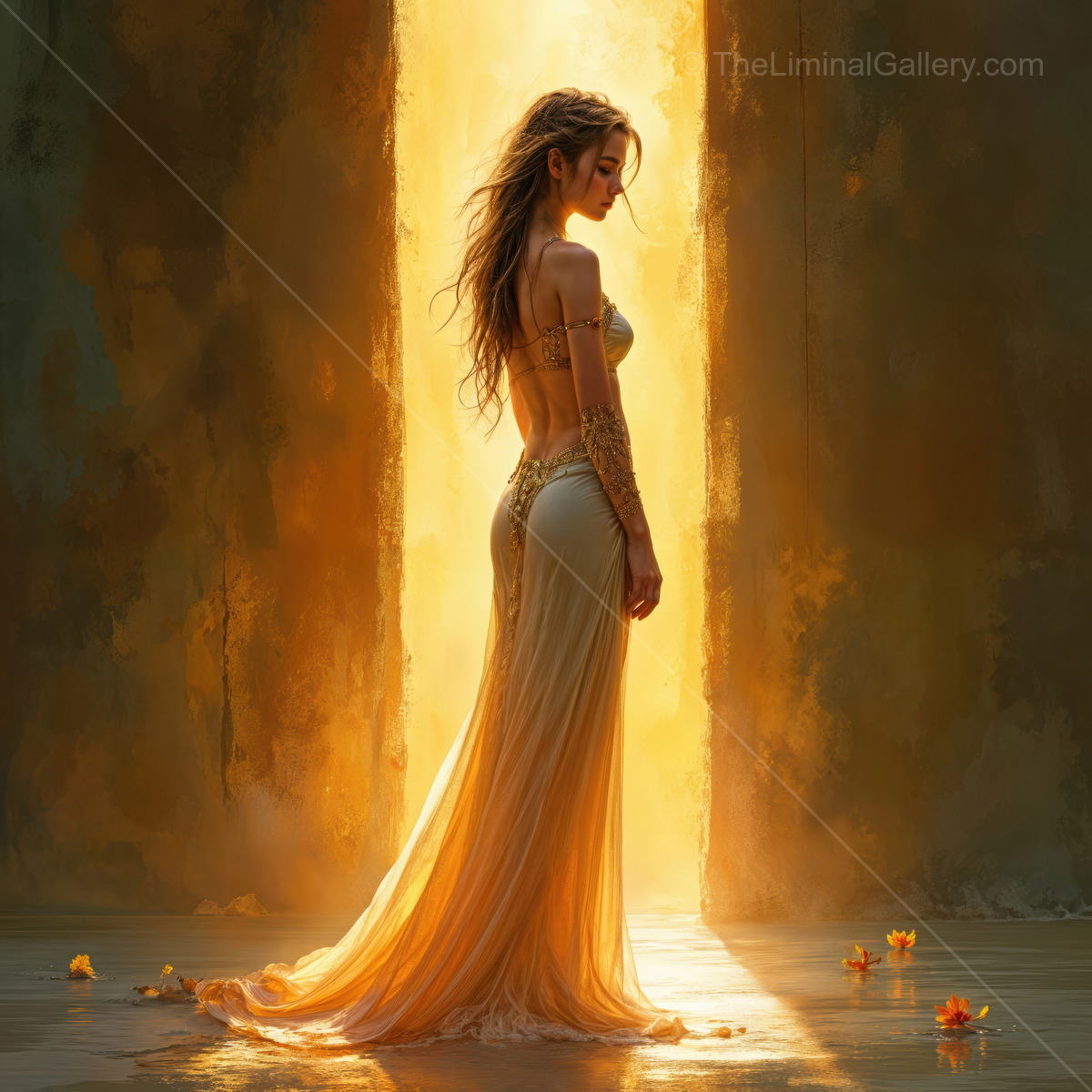 Woman stands in a warm glowing doorway with flowers at her feet, gown lifting in a small breeze
