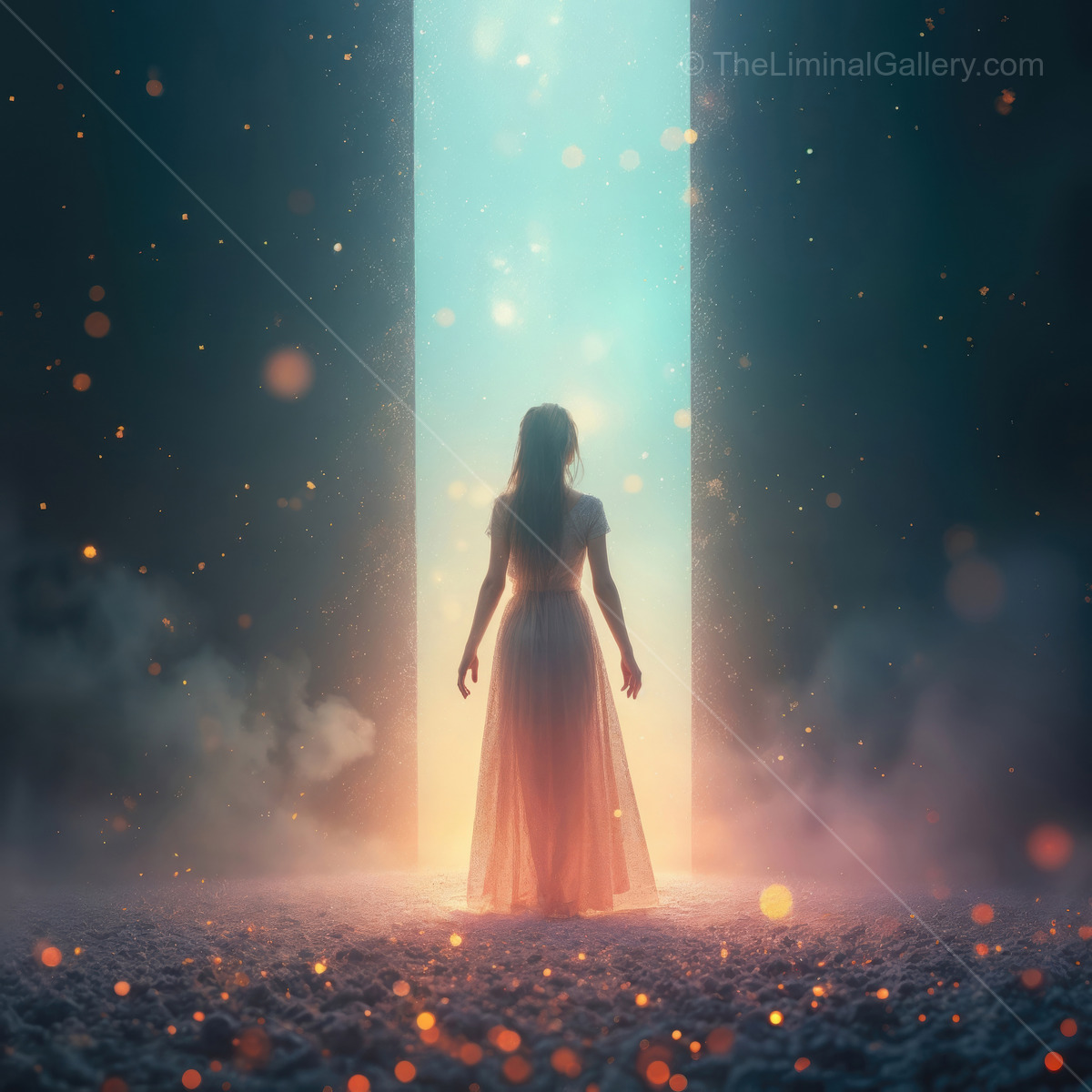Woman in a white dress pauses at a glowing doorway, motes in the air bright against the dark