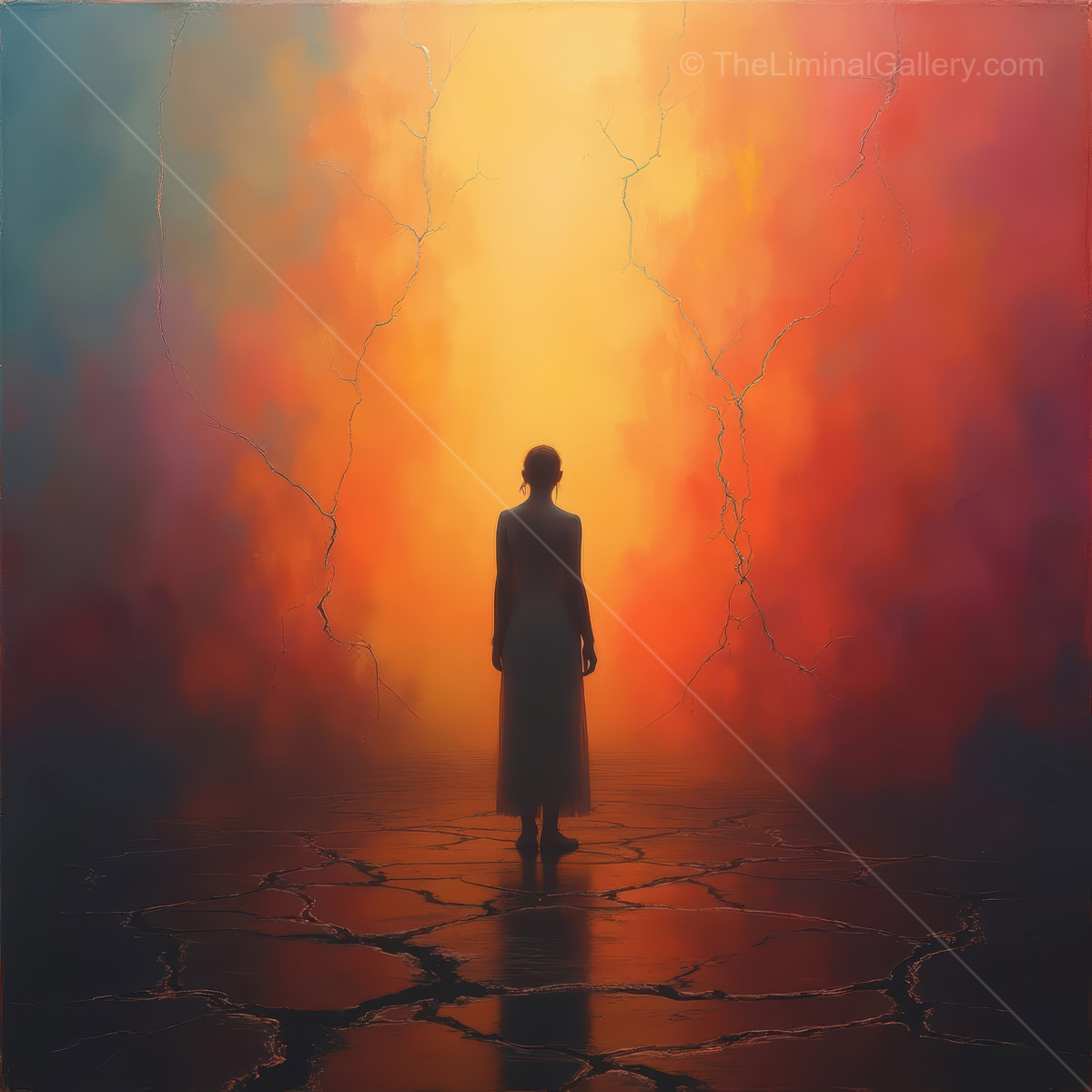 Woman stands on cracked ground before a glowing field of orange and red light at twilight