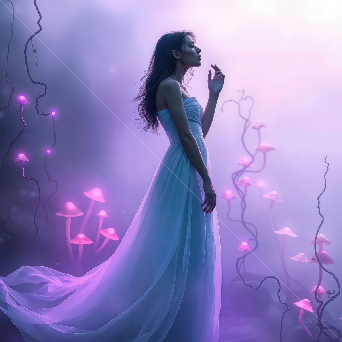 Woman in a white gown stands among glowing mushrooms as dusk colors filter through the forest