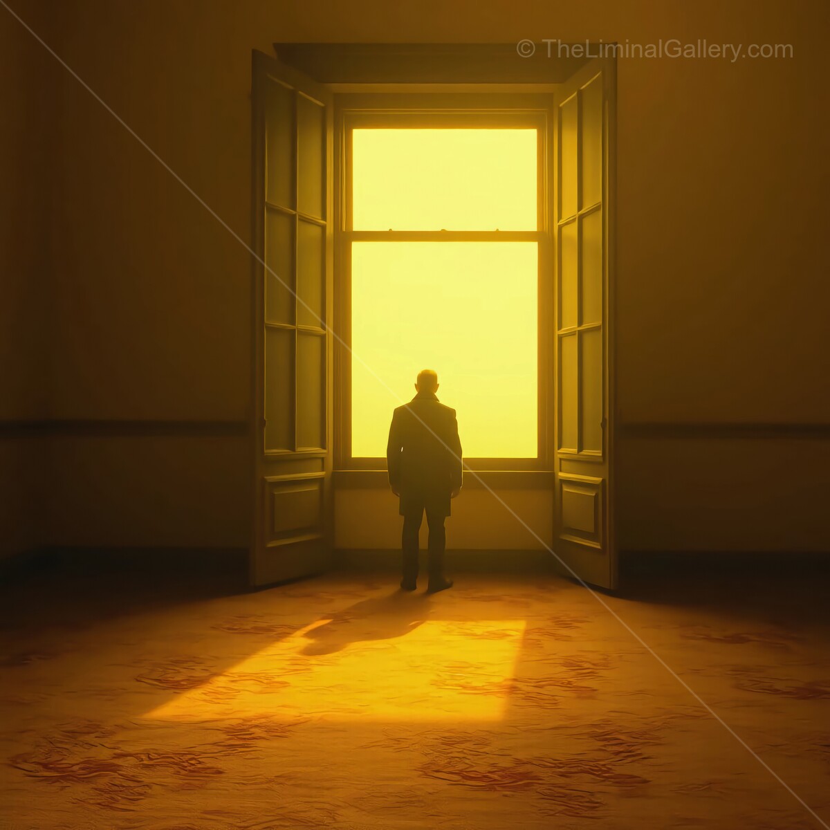 Man reflecting out liminal window on the golden dawn in an empty room