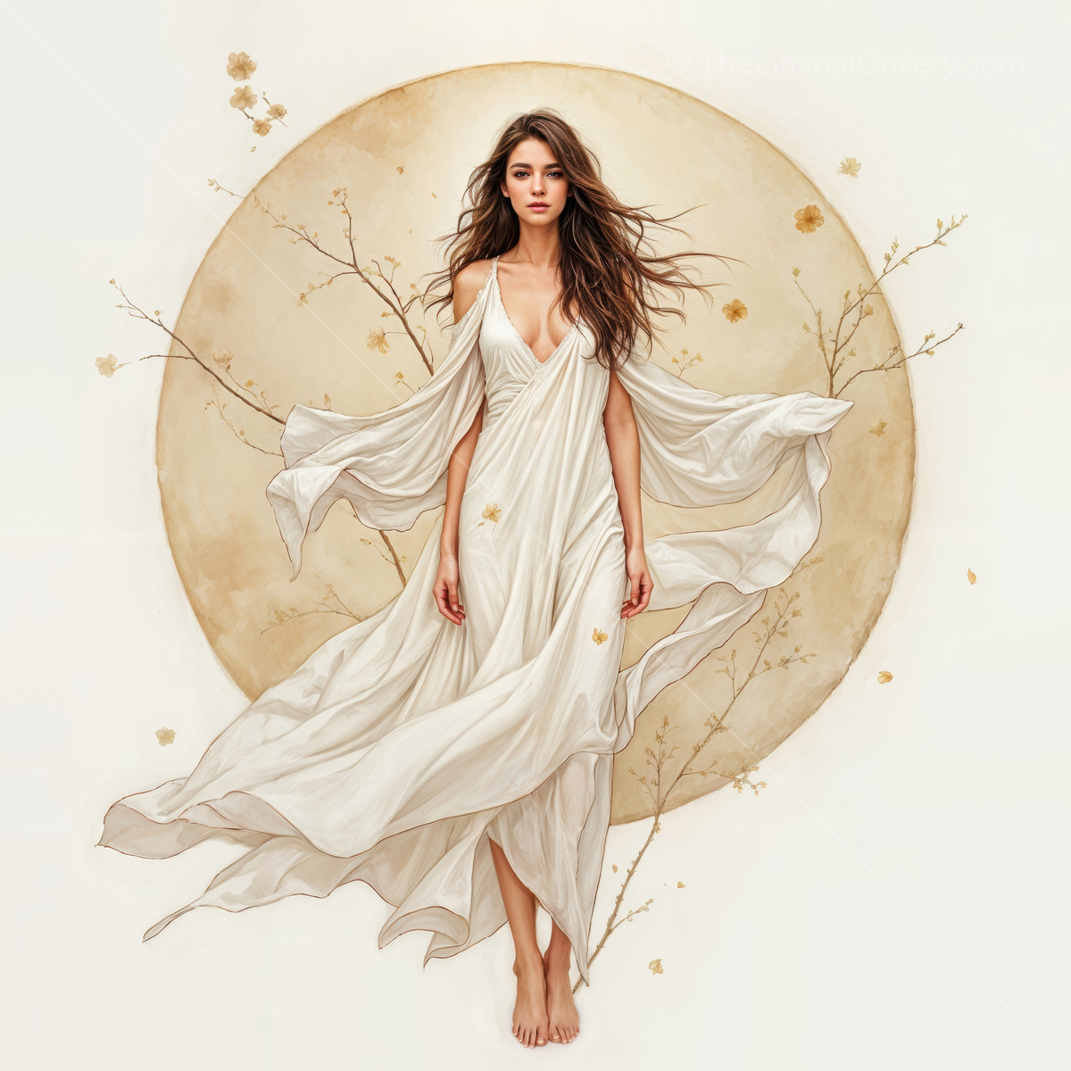 Woman in a white dress poses before a round golden disk, branches with tiny blossoms framing the scene