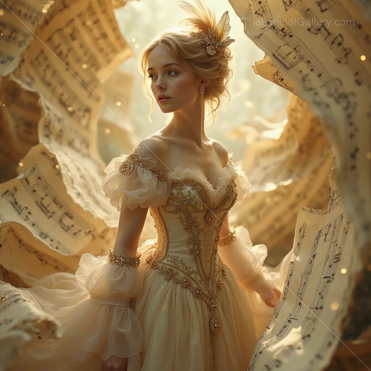 A graceful lady in an elegant gown surrounded by swirling sheet music in a dreamy forest setting at golden hour