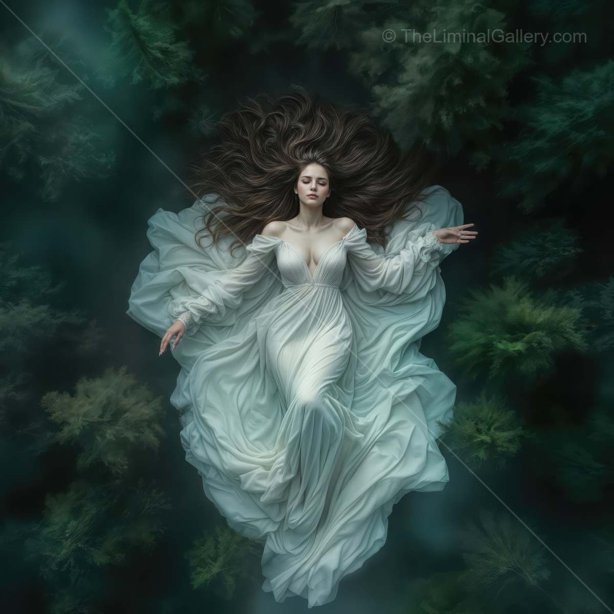 Graceful woman in flowing gown floats above a serene forest landscape at twilight, embodying nature's timeless beauty and tranquility