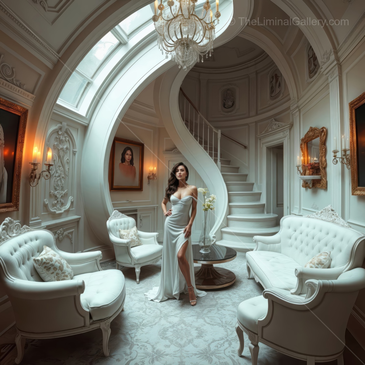 Elegance meets architectural beauty in a stunning staircase setting at an exquisite mansion during a soft afternoon light