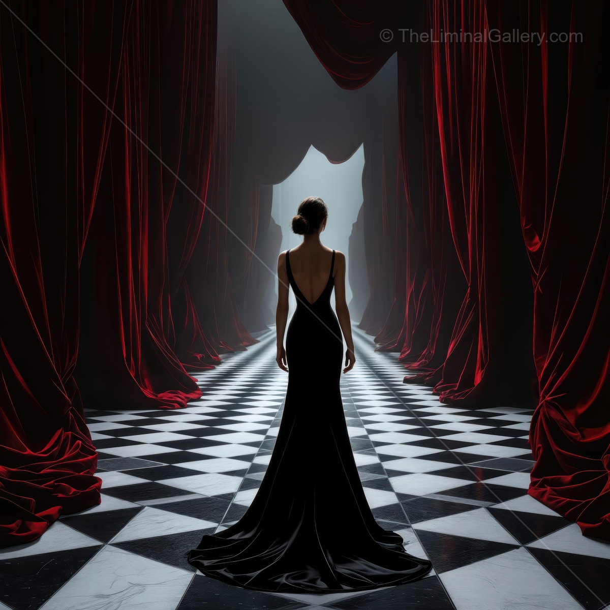 Woman in a sleek black dress stands in a grand theater, red curtains parting to a sliver of light