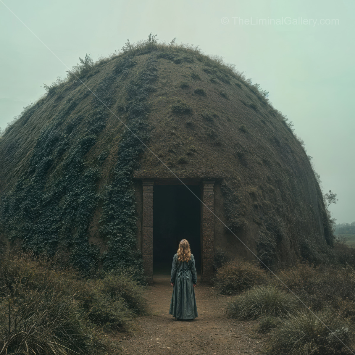 Woman faces a green mound with a shadowed entrance in morning mist, grasses beading with light