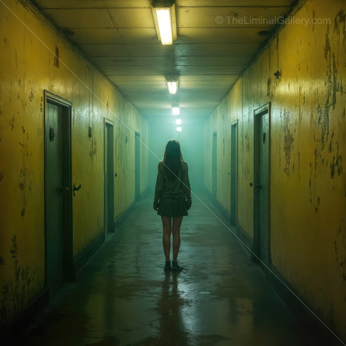 Woman stands at the end of a hazy corridor with peeling yellow walls, cold fluorescents dimming overhead