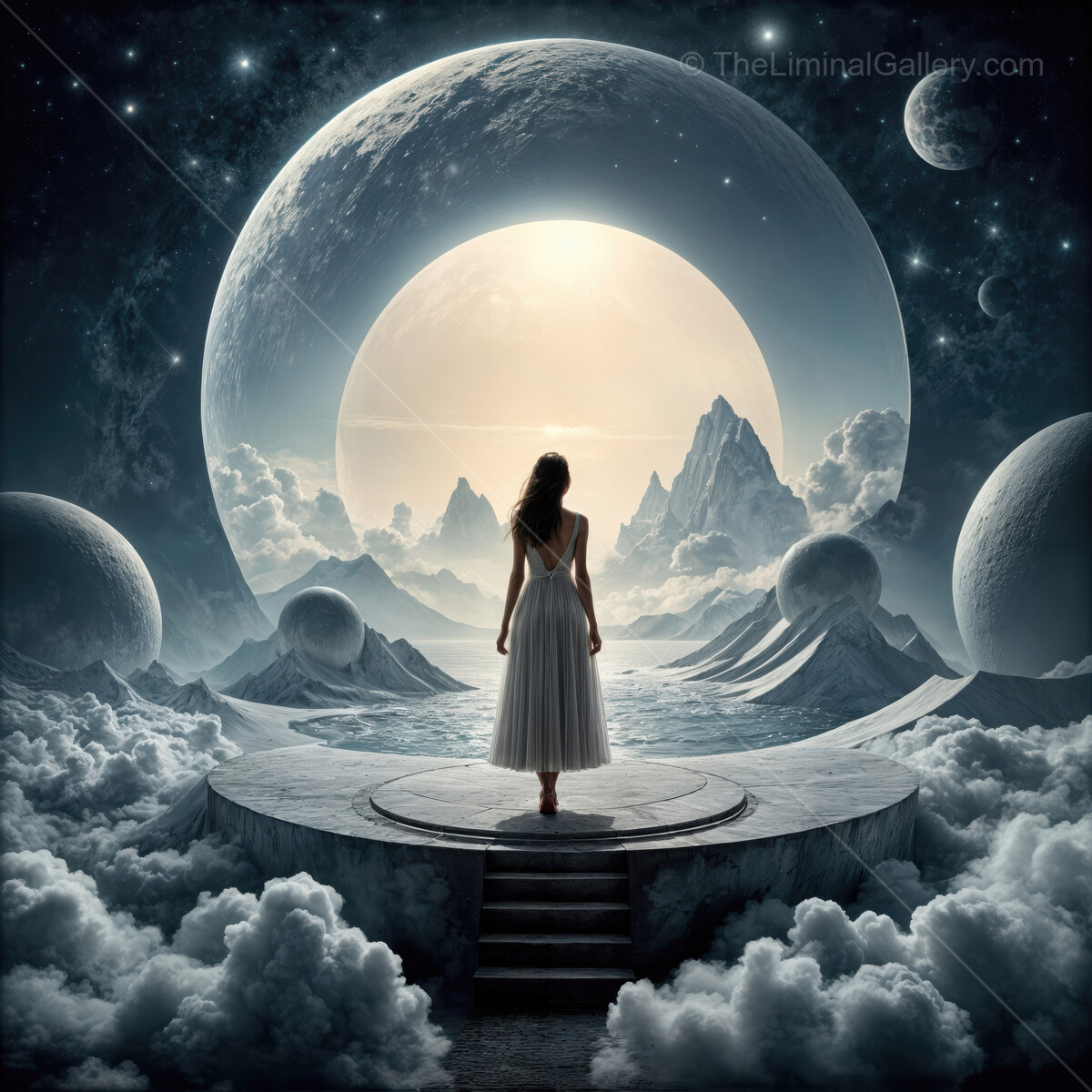 Dreamy woman in a white dress explores a celestial landscape full of moons and mountains