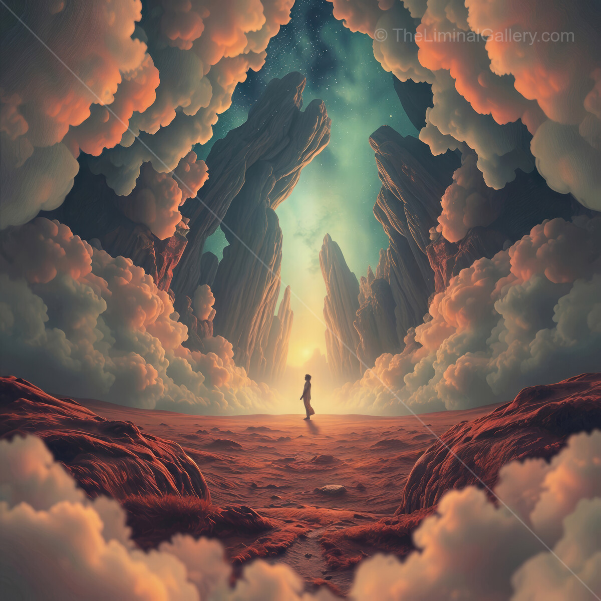 Journey through a celestial canyon as a figure contemplates the vastness of nature in twilight hues