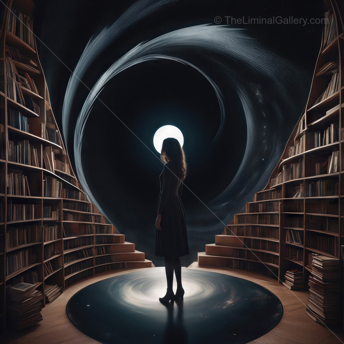 Exploring the depths of knowledge in a mesmerizing circular library at twilight