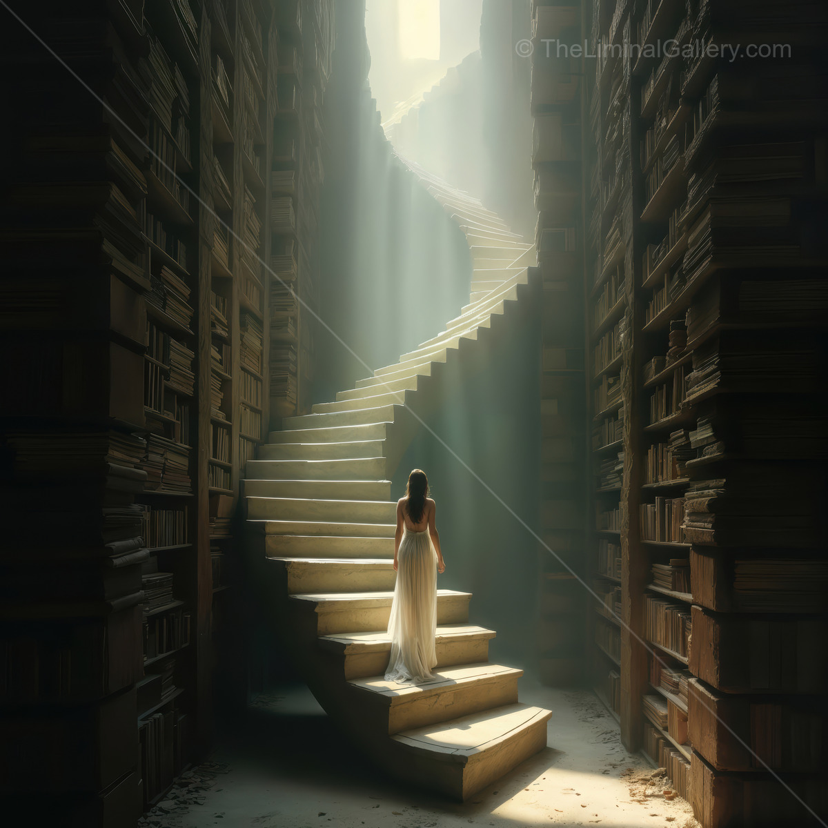 Woman gazes up through an endless library spiral as beams of light and drifting dust trace the air
