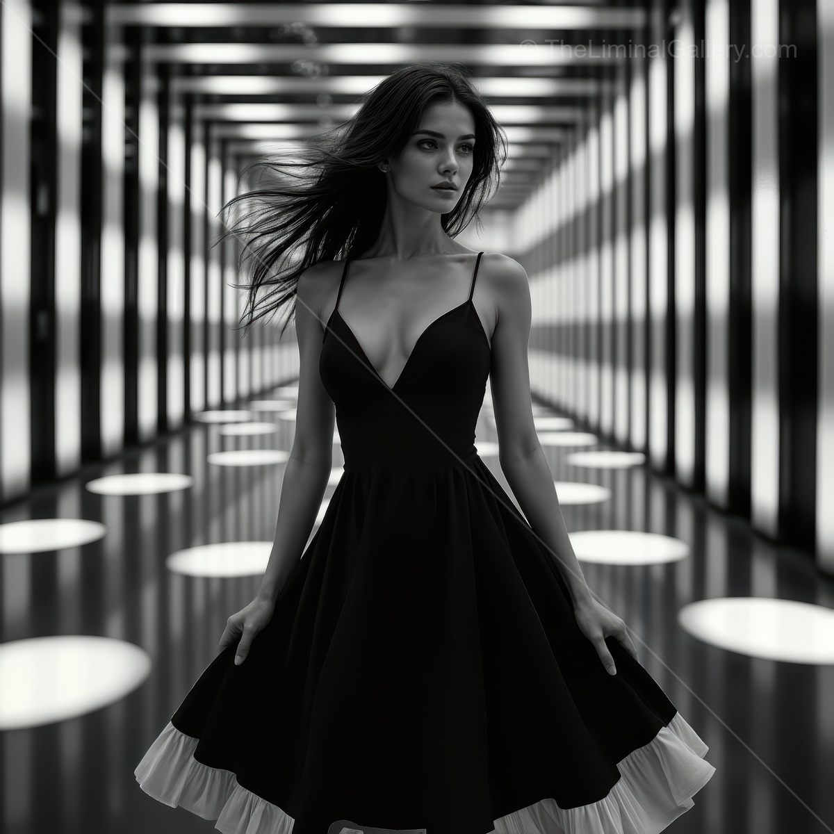 Woman in a black dress stands in a corridor of alternating light bands, shadows tracking her hem