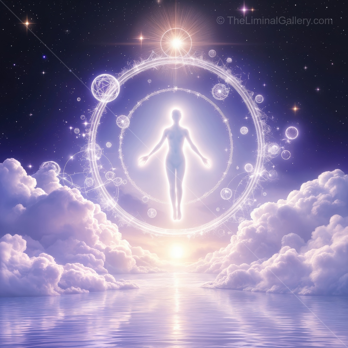 Light being emerges from ethereal clouds, surrounded by celestial symbols and cosmic wonder at dawn